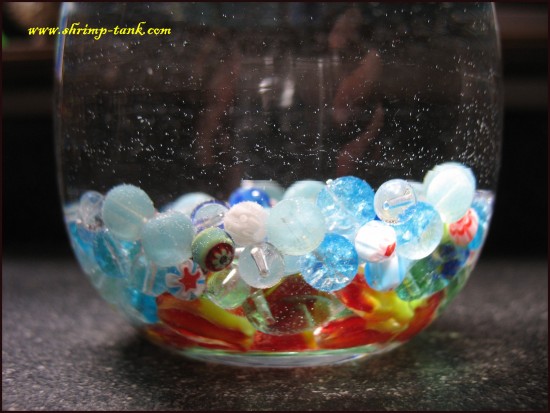 Sonia glass tank. Close-up on marbles